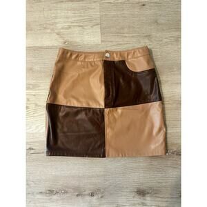 Lush boutique Faux Leather Mini Skirt Brown/Tan Colorblock Sz Large